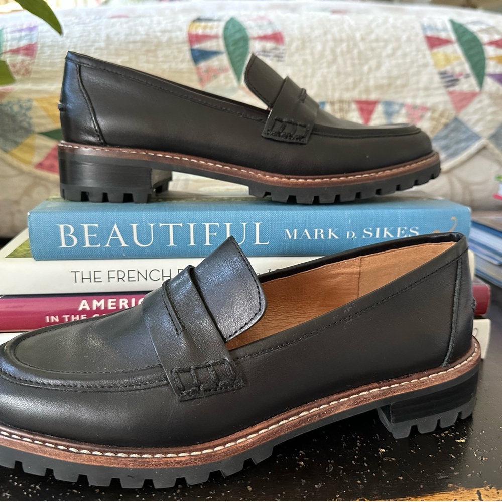 Madewell Black Leather Lug Sole Penny Loafers
